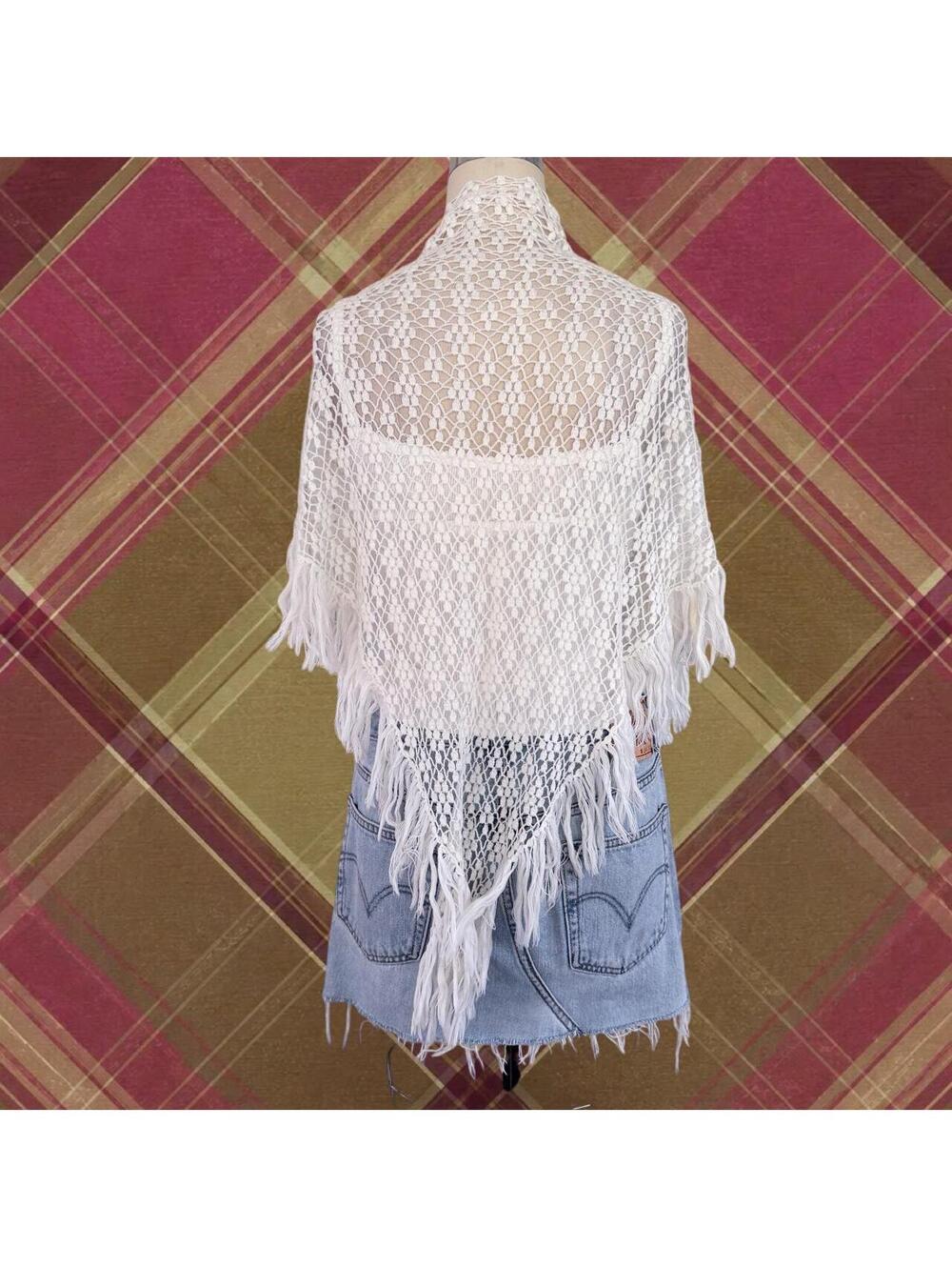 Ivory Crochet Fringe Shawl Boho Lace Wrap Triangle
